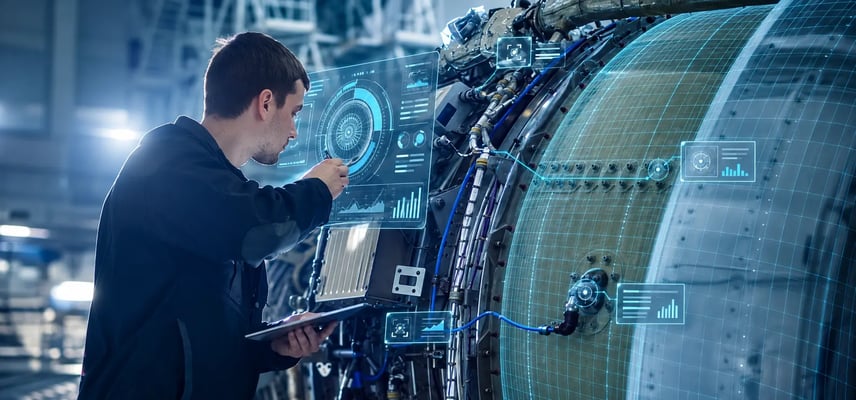 Aircraft engine with digital diagnostic overlays illustrating technology-enabled MRO maintenance.