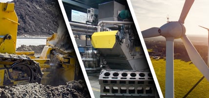 Industrial cleaning across the energy value chain, featuring mining equipment, heavy manufacturing machinery, and wind turbine infrastructure