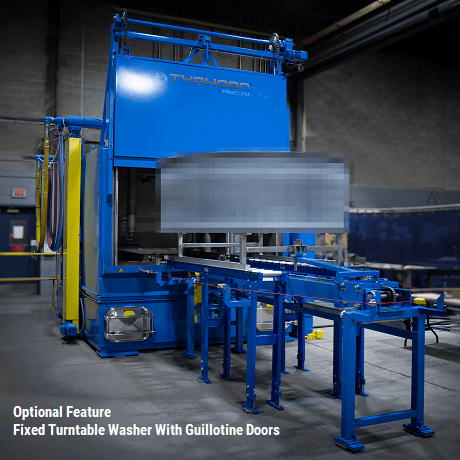 Pre-engineered optional features for turntable washers, fixed turntable and guillotine doors