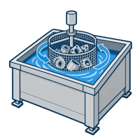 Rotating parts basket in cleaning tank