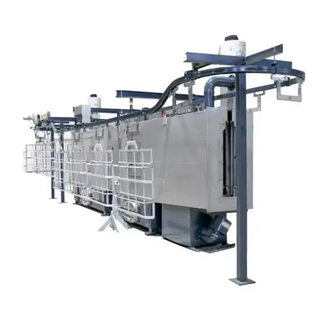 PROCECO overhead conveyor washer can be engineered for parts cleaning, surface pre-treatment, and treatment processes