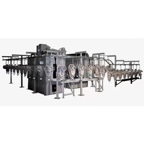 Overhead conveyor washer and cleaning system with a compact design to save floor space