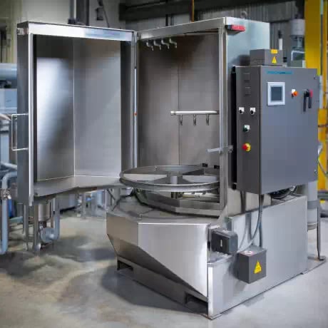 Side view of the PROCECO TYPHOON®-PCE ergonomic cabinet parts washer, designed for aqueous cleaning and degreasing of small- to medium-sized workpieces.