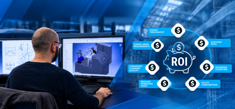 Engineer working on a custom industrial parts washer design alongside an ROI graphic representing capital investment, operating costs, productivity, and long-term returns from application-specific engineering.