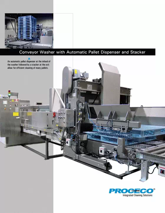 Laveuse à convoyeur avec distribution et empilage automatique de palettes (document en anglais)