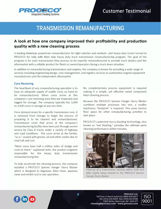 Amélioration de la qualité et de la rentabilité dans la reconstruction des transmissions - Grenaillage par voie humide (document en anglais)