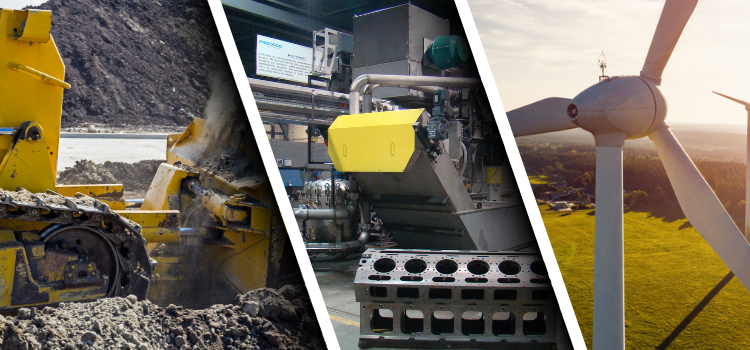 Industrial cleaning across the energy value chain, featuring mining equipment, heavy manufacturing machinery, and wind turbine infrastructure