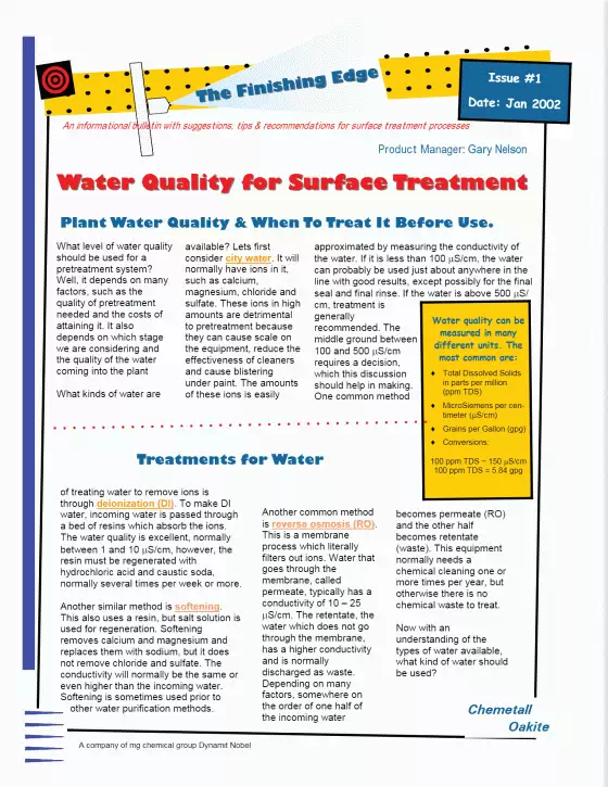 La qualité d'eau nécessaire pour un traitement de surface adéquat (document en anglais)