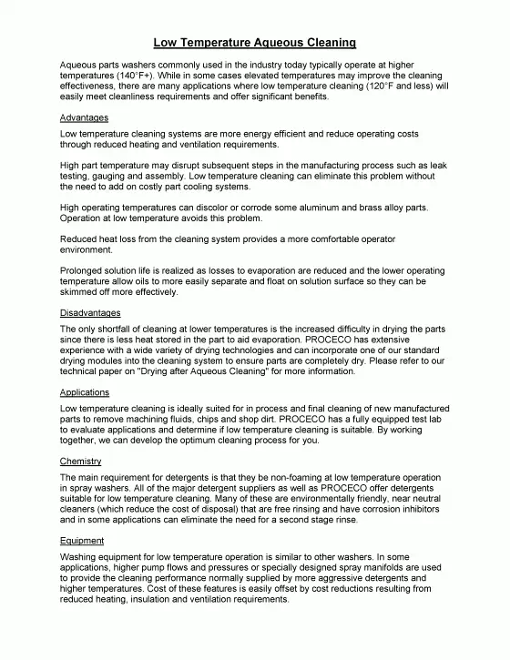Low Temperature Aqueous Cleaning